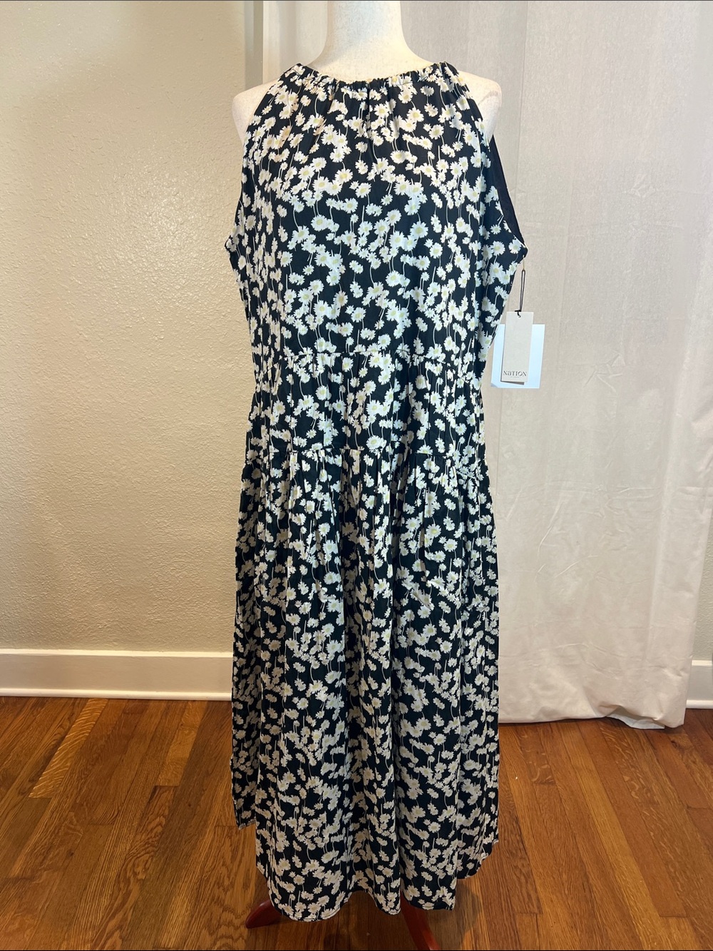 Nation LTD Black/White Hazy Daisy Halter Maxi 100% Organic Cotton Dress. L. NWT